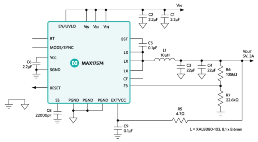 アプリケーション回路図 - Analog Devices / Maxim Integrated MAX17574同期降圧型DC/DCコンバータ